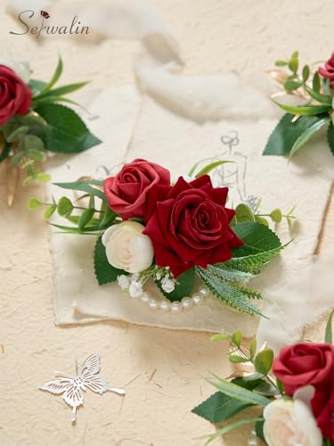 Serwalin 6 PCS Burgundy Wrist Corsage for Wedding, Roses Wrist Corsage for Prom Homecoming Party Corsage Hand Decor for Bride Bridesmaids, Mother of Bride and Groom - color: Red, size: Corsage 6pcs