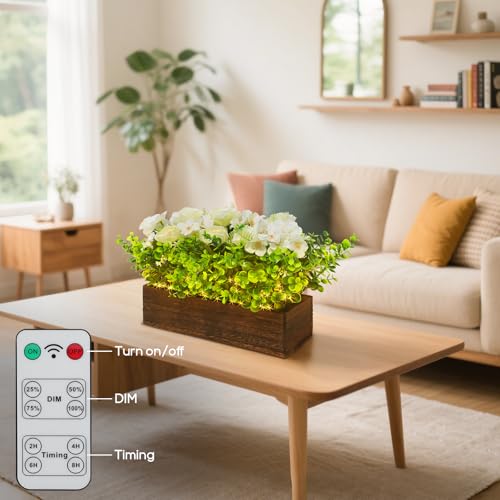 14" Artificial Peony Hydrangea Flowers Arrangement in Rectangular Wooden Planter Box, Rechargeable LED Faux Plants with Remote, Table Centerpieces for Dining Room Coffee Living Room Easter Home Decor