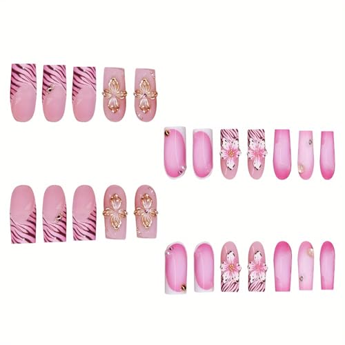 Flower Press on Nails Medium Square Fake Nails Pink False Nails with Embossed Rhinestone Designs Wild Flowers Glossy Stick on Nails Glue on Nails Acrylic Nails for Women Girls 24 Pcs - color: Flower Square34