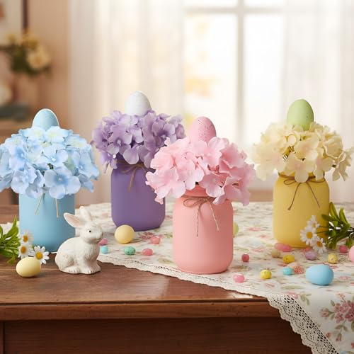 Norme 16 Pcs Easter Table Centerpieces Decorations Include 4 Artificial Flowers 4 Vases 8 Easter Eggs with 20 Bamboo Skewers, Egg Hydrangea Flowers with Vase, Spring Flower Arrangement for Home Decor
