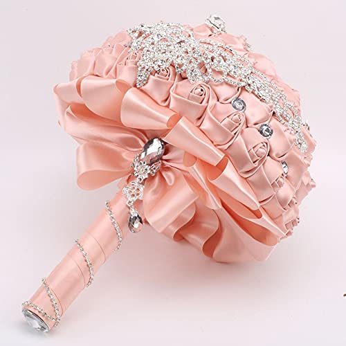 XINNI Handmade Bridal Wedding Bouquet Bride Bridesmaid Satin Rose Flower Bouquet with Drop-Shaped Rhinestone Wedding Decoration Champagne Pink - color: Champagne Pink