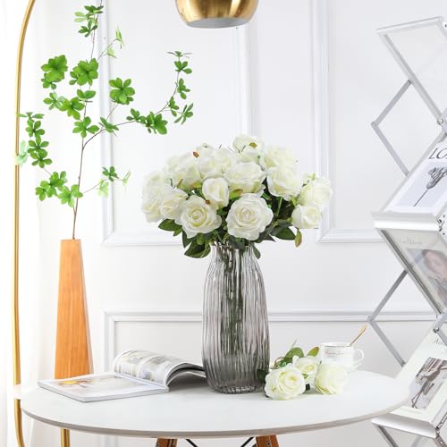 Tifuly White Roses Artificial Flowers - 12 pcs Realistic Long Stem Fake Roses Mashup Style Silk Roses for DIY Bouquets Wedding Centerpieces Arrangements Home Party Decor - color: White