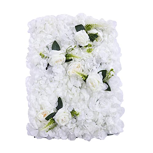 6 Pcs Flower Wall Panel Floral Backdrop,24*16in Artificial Flower Wall Panels Green and White Flower Wall Decor Silk Fabric for Wedding Party Room Home Decor& Wall Decoration (White, Green) - color: White, Green
