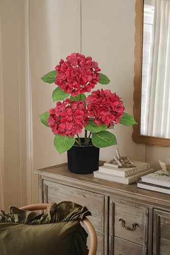 Hollyone Red Hydrangea Artificial Flowers Plant Potted 19.7" Faux Silk Burgundy Hydrangea Fall Flower Tree Arrangements for Home Bathroom Office Table Centerpiece Shelf Decorations - color: Red, size: 3 Head Hydrangea