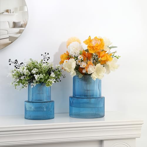 Ribbed Glass Vases for Bouquet, Set of 2 Blue Vases for Flowers, Blue Glass Vase for Tulips, Modern Vase for Living Room, Office, Coffe Table, Dining Table, Shelf, Wedding - color: Blue, size: Ribbed Mixed Sizes (2-Pack)