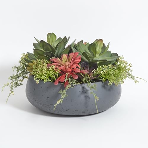 CG Hunter Faux Succulent Arrangement, Premium Artificial Indoor Plant Enhances Interior Design, Display on Any Surface in Your Home Adding an Inviting Touch of Nature, Grey Planter Pot Included - size: 14" Round Grey Planter