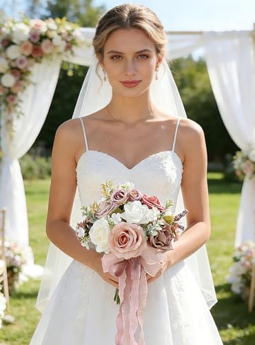 8.6in Artificial Wedding Bridal Bouquet - Blush Pink Rose Floral Arrangement for Bride, Bridesmaid, Wedding Toss, Ceremony & Home Decor (Blush Pink) - color: Blush Pink