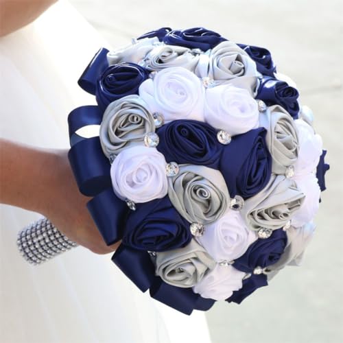 Bridal Wedding Bouquet with Bling Silver Rhinestones for Bride Bridesmaid Quinceanera Satin Rose Flower Bouquet Wedding Navy Blue White and Silver Grey 8.7in - color: Navy Blue, Silver & White (Standard Size: Dia.8.7")