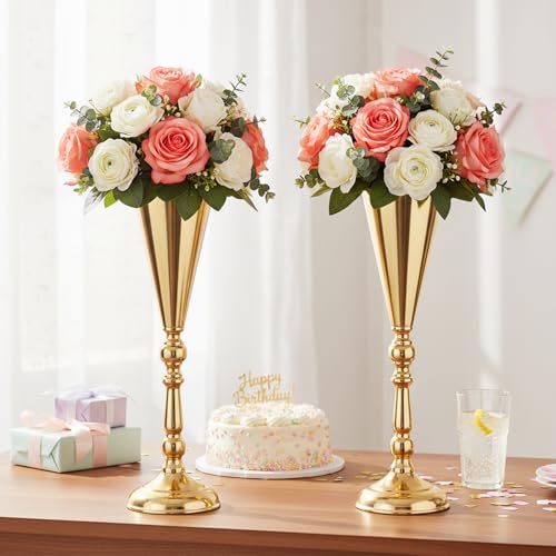Tabletop Flower Vases for Centerpiece: 16.7in Metal Wedding Flower Gold Vases, 2pcs of Trumpet Vases for Christmas Anniversary Birthday Party Home Decoration Flower Arrangement - color: Gold, size: 2xL