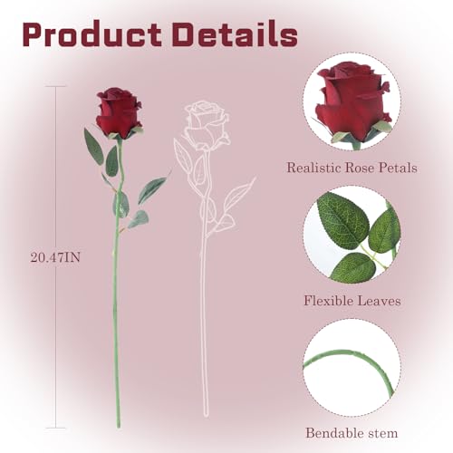 12Pcs Realistic Fake Roses Faux Flowers with Long Stems, Artificial Silk Rose Flowers for Valentines Day Home Wedding Decor Bridal Bouquet (Dark Red) - color: Dark Red