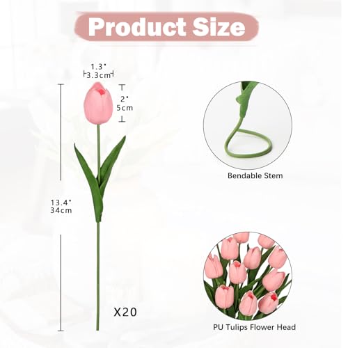 20 Pcs Pink Tulips Artificial Flowers Real Touch Fake Tulips Fake Flowers for Mother's Day 13.5" Faux Tulips Faux Flowers Bulk Artificial Tulips Flowers for Vase Centerpieces Home Wedding Bouquet - color: Pink #20