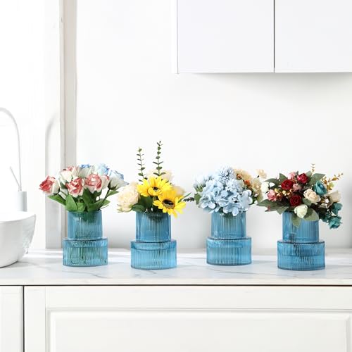 Ribbed Glass Vases, Set of 4 Small Vases for Flowers, Blue Glass Vase for Tulips, Modern Vase for Living Room, Kitchen, Office, Entryway, Bookshelf, Wedding Gifts, Birthday, 6 Inches - color: Blue, size: Ribbed 6 Inches (4-Pack)