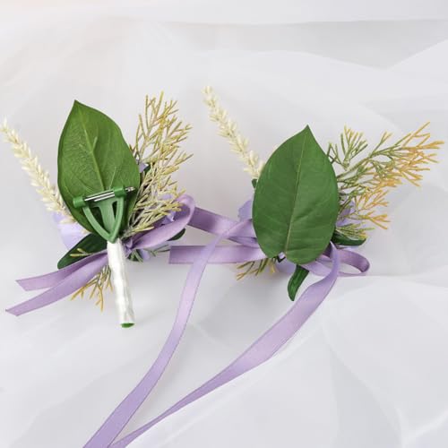 Alizeal 2Pcs of Wrist Corsage and Boutonniere Set, Artificial Flowers Accessories Suit Decor for Wedding Prom Party Homecoming Ceremony, Pale Purple - color: 701-pale Purple