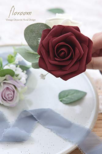 Floroom Artificial Flowers 50pcs Real Looking Burgundy Foam Fake Roses with Stems for DIY Wedding Bouquets Red Bridal Shower Centerpieces Floral Arrangements Party Tables Home Decorations - color: Burgundy, size: 50Pcs