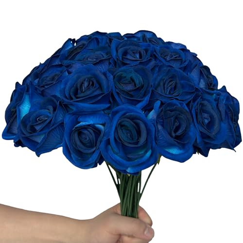 FagusHome 30 Pcs Silk Rose Artificial Flowers Roses Bulk Bouquet Fake Flowers Rose Heads with Stems for Home Wedding Decor (Dark Blue) - color: Dark Blue