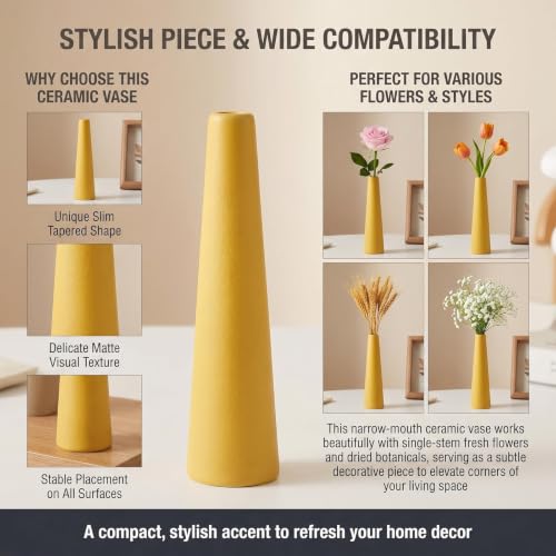 8.5 Inch Yellow Ceramic Bud Vase, Small Single Stem Flower Vase for Home Office Wedding Centerpiece Party Table Decor - color: Yellow