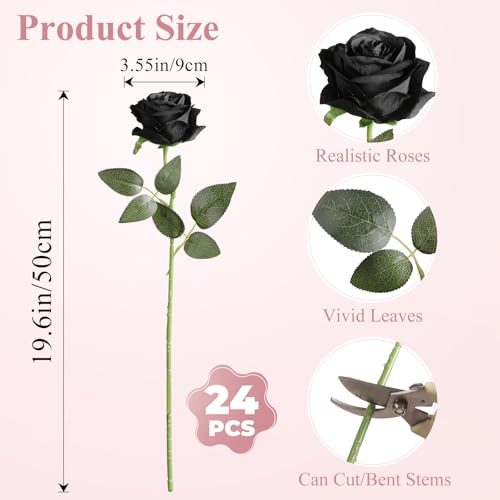 Nubry 24pcs Artificial Black Roses, Fake Silk Roses Flower with Long Stems, Realistic Flowers for Bridal Wedding Party Table Centerpiece Home Decor - color: Black