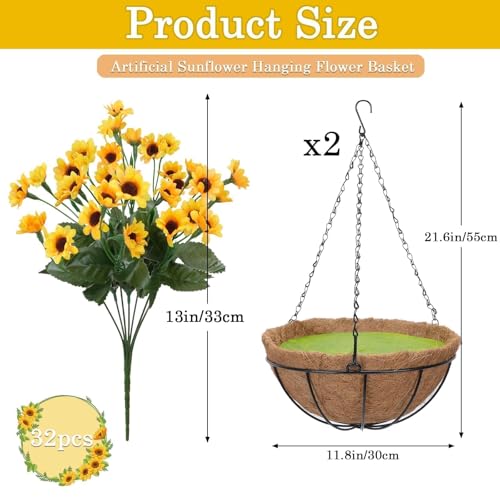 Zythrem Artificial Flowers Hanging Basket UV Resistant Faux Flower Hanging Baskets for Outside Large Silk Hanging Sunflower Decor Fake Mums for Front Porch Yard Gardeng Patio Summer - size: 13in