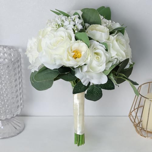 Wedding Bouquets for Bride, 11 Inch Bridesmaids Bouquets Artificial Flower Bouquets for Wedding Ceremony Bridal Shower Decorations - White - color: Ivory White