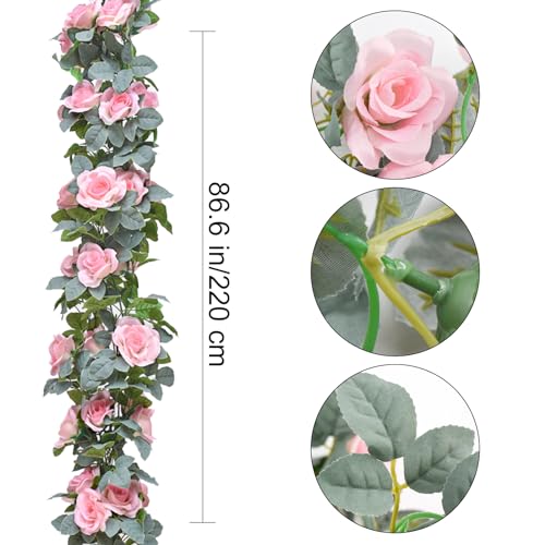 Flower Garland Rose Vine 4Pcs 28FT Artificial Floral Garland with Green Leaves Hanging Rose Vine for Wedding Party Garden Home Wall Decor (Light Pink) - color: Light Pink