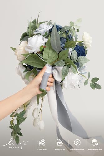 Ling's moment Dusty Blue Bridal Bouquet Cascading, Wedding Bouquets for Bride, 15 Inch Bride Bouquets for Wedding Artificial Flowers Bouquets - color: Blu-dusty Blue, size: Medium 15 Inch