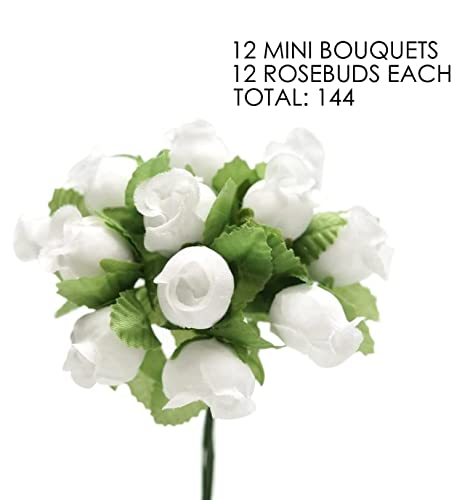 GiftWrap Etc. White Artificial Silk Flower Roses - 12 Mini Bouquets of 12 Rosebuds, 144 Rosebuds Total, Easter, Spring, Valentine's Day, V-Day, Wedding, Reception, Anniversary, Wreath, Bridal Shower - color: White