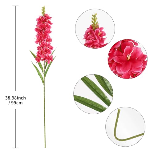 IPOPU 6PCS Delphinium Artificial Flowers 39" Realistic Faux Hyacinth Long Stem Delphinium Silk Flowers for Tall Vase Filling Wedding Centerpieces Home Decor (Rose Red) - color: Rose Red
