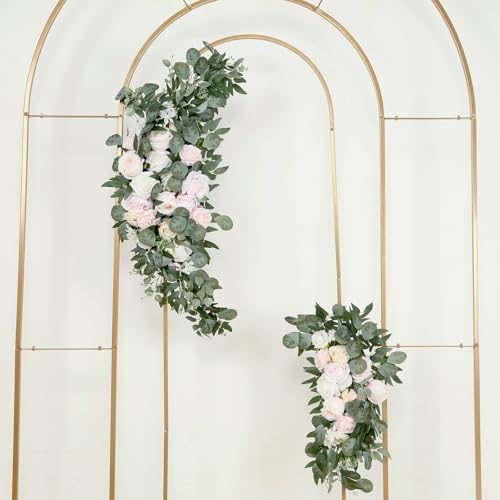 Efavormart Set of 2 Large Cream Blush Silk Rose Floral Swags with Eucalyptus Greenery, Premium 24" and 42" Artificial Flower Arrangements for Boho-Luxe Wedding Arch Staging - color: Type20