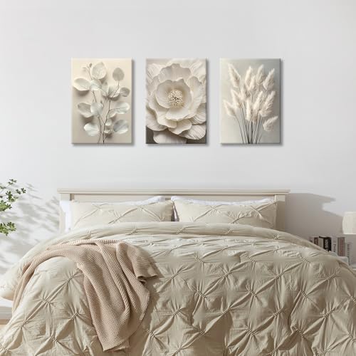 WENGTIAO 3Pcs Beige Floral Botanical Frame Canvas Wall Art, Neutral Textured Flower Plant Wall Painting Picture Wall Decor Vintage Blossom Prints for Bedroom Living Room Reay to Hang 16"x24"x3Pcs - color: Flower-White botanical, size: 16"x24"x3Pcs