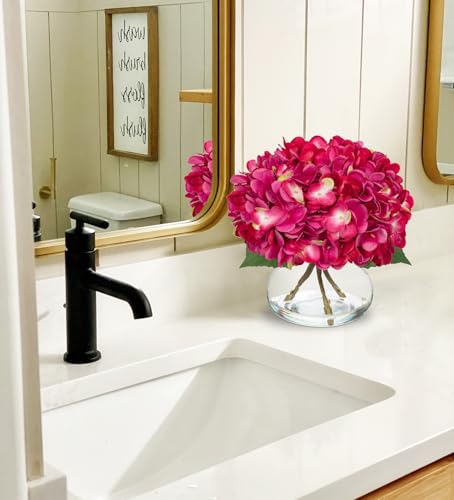 Hollyone Hydrangea Artificial Flowers with Glass Vase Fuchsia Silk Faux Flowers Arrangements in Vase with Faux Water Fake Floral Bulk Bouquet for Home Decor Table Centerpiece Decorations - color: Hydrangea, Fuchsia