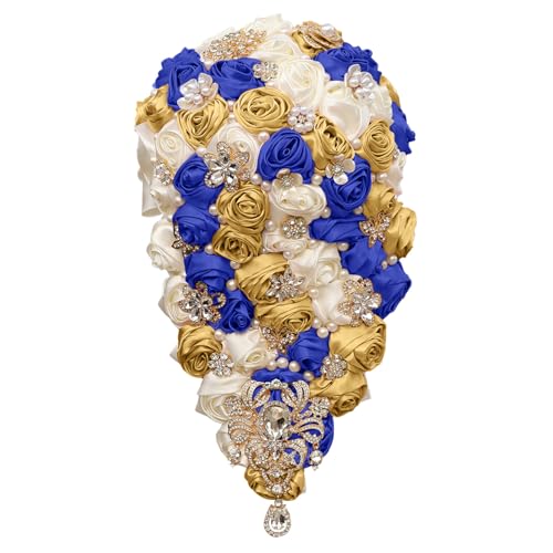 Handmade Satin Rose Water Drop Bridal Bouquet,8.7inch Crystal Wedding Round Tossing Bouquet,Jewelry Proposal Bridesmaid Bouquet Groom Corsage Bride Wrist Flower ivory (07#Ivory Sapphire Gold) - color: 07#ivory Sapphire Gold
