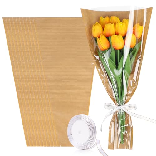 DIYASY 50 Pcs Flower Wrapping Bags for Bouquets, Kraft Paper Floral Packing Sleeves with Ribbons Florist Wrap Supplies for Wedding Mother's Day Graduation Gift 9.8x3.9x17.9 Inch - color: Brown