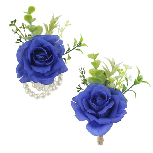 Navy Blue Boutonniere and Wrist Corsage for Dance Party, Wedding | Pearls Wristlet Corsage for Bride Bridesmaids, Boutonniere for Groom Best Man Wedding Flower Accessories Prom Ceremony Party - color: Royal Blue 1 Boutonniere&1 Wrist Corsage