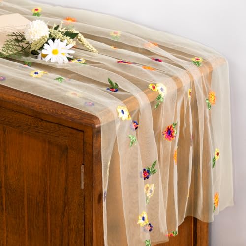 Socomi Flower Table Runner Summer Daisy Floral Tulle Gauze Cheesecloth Embroidery Table Runners for Tea Party Garden Wedding Bridal Baby Shower Birthday Picnic Decor Beige 3pcs - color: Daisy Beige, size: 10ft X 3pcs
