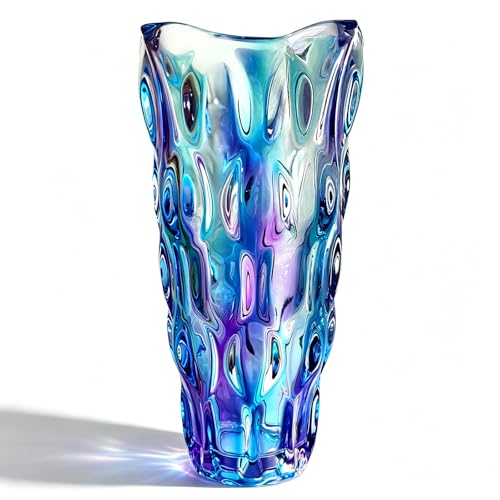 9.5" High Thickened Colorful Blue Glass Flower Vase for Home Decor, Dining Wedding Table Office Holiday Party Centerpiece Decoration - color: Magic Magic Colorful Blue Color