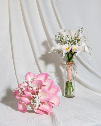 DuHouse 20Pcs Artificial Calla Lily Flower Real Touch Latex Flowers for DIY Wedding Bouquet Party Home Decor (White Pink) - color: White Pink, size: 20pcs
