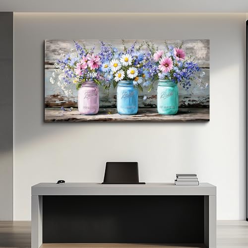 ZUITINGHUA Large Wall Decor For Living Room Canvas Wall Art For Office Modern Wall Decorations For Bedroom Mason Jar Floral Landscape Painting Vintage Pictures Artwork Room Home Decor 24x48 In - color: Vintage Mason Jar Floral, size: 48"L x 24"W