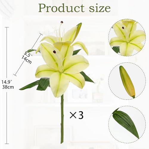 Artificial Tiger Lily Silk Flowers - 3 Pcs Faux Lily Flower 14.9" Fake Lilies Bouquets Faux Stargazer Lilies Stem with 6 Heads & 3 Buds for Indoor Outdoor Home Table Wedding Decor (Creamy Yellow) - color: Creamy Yellow&green