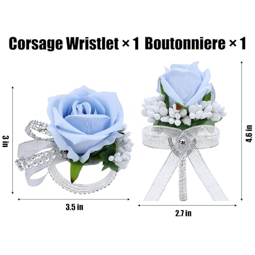 2Pcs Light Blue Rose Corsage and Men Boutonniere Set Women Wristlet Band Wrist Bracelets, for Prom Wedding Ceremony Flowers Decorations and Homecoming Party Accessories - color: Light Blue, size: 1 Boutonniere & 1 Wrist Corsage