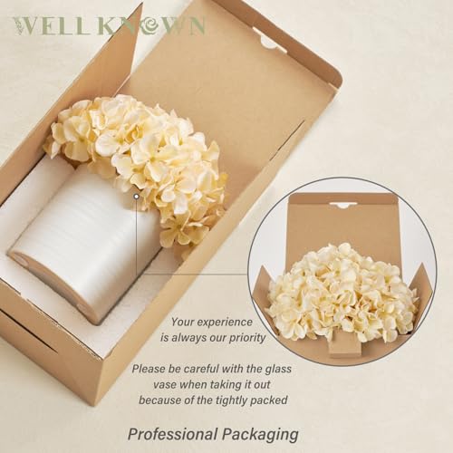 Fake Silk Hydrangea Flowers in Vase, Artificial Flowers with White Ceramic Vase, Small Potted Floral Arrangement for Home Kitchen Counter Vanity Coffee Table Centerpiece Bathroom Decor (Champagne) - color: Hydrangea, Champagne