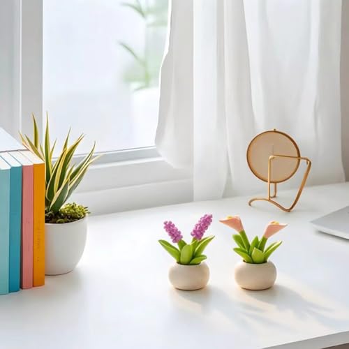 Resin Flower with Pot 2 Pcs Mini Artificial Cally Lily Hyacinth Flower Flowers Potted Plants Figurines for Car Dashboard Home Kitchen Rustic Table Shelf Decor, Purple+Beige - color: Purple+beige