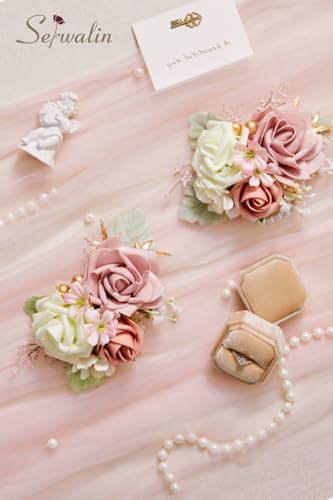 Serwalin 2 Pcs Wrist Corsage and Boutonniere Set, 6-7 Inch Dusty Pink Corsage for Wedding, Boutonniere for Men Corsage Wristlet Prom Ceremony Anniversary Accessories Suit - color: Pink, size: 1 Boutonniere & 1 Wrist Corsage-2pcs