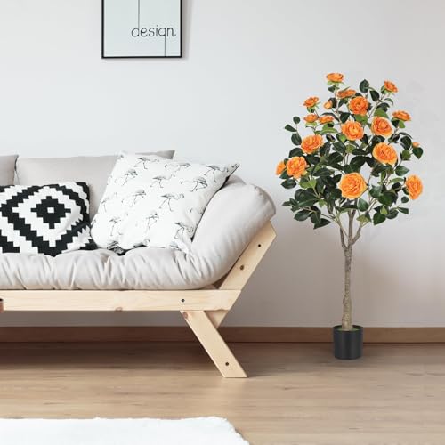 4FT Artificial Camellia Tree with Blooming Orange Flowers, Free Maintencace 4 FT Fake Tree, Faux Plants with Blooming Flowers, for Indoor Outdoor Home Office Front Door Decor