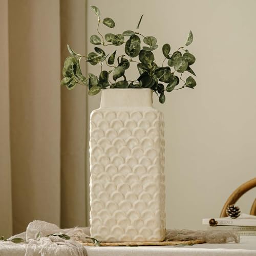 Ceramic Flower Vase, 12.6” Tall Rustic Farmhouse Decorative Vase for Home Decor, Beige Textured Pottery Vase for Pampas Grass, Living Room, Entryway, Mantel, Kitchen Table - color: 301-white