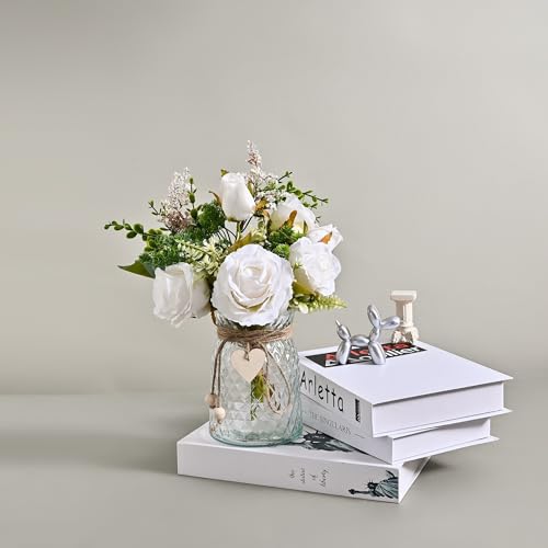 2 Packs Faux Flowers in vase,Fake Flowers with Vase, Artificial Silk Roses in Vase, Artificial Flowers in Vase, Faux Flower Arrangement with Vase for Farmhouse (White with vase)