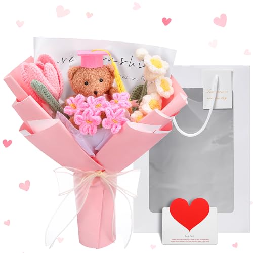 Graduation Crochet Flower Bouquet Set Includes Bear Knitted Tulips Forget-me-nots Lily of the Valley Greeting Card Gift Bag 2026 Pink Flower Bouquet Graduation Gift - color: Pink, style: Knitted Bear and Tulip