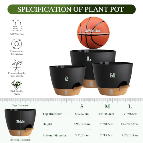 Self Watering Pots with Drainage Holes, 3 Pack 12/10/8 Inch Plant Pots with Water Level Indicator Deep Reservoir, Large Plastic Planter for Indoor Outdoor Plants - Black Brown - color: Black Brown, size: 12+10+8 Inch Set