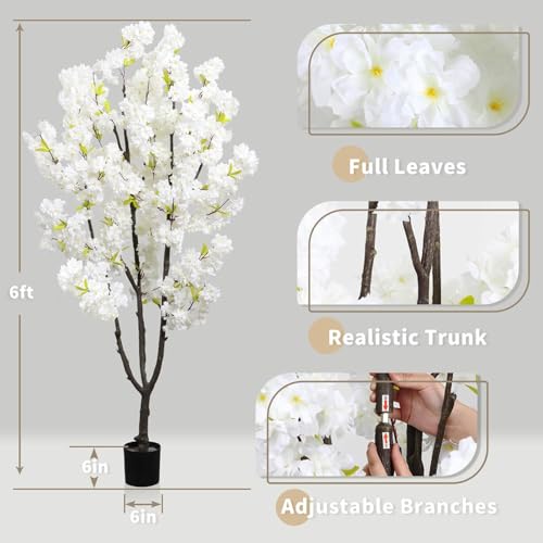 Faux White Cherry Blossom 6ft(72in) Artificial Floor Plant for Indoor Decor Natural Potted Tree with Texture Flowers and Realistic Wood Trunk for Home Living Room,Office Perfect Housewarming Gift - color: Cherry Blossom(white 7), size: 6ft
