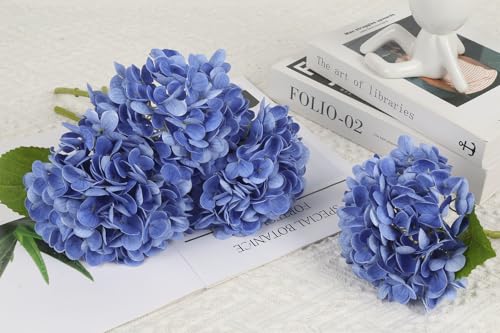 IPOPU 6PCS Real Touch Hydrangea Artificial Flowers Royal Blue Fake Hydrangeas with Stems Latex Realistic Faux Hydrangea Flowers for Wedding Centerpiece Floral Arrangements Home Decor (Royal Blue) - color: Royal Blue