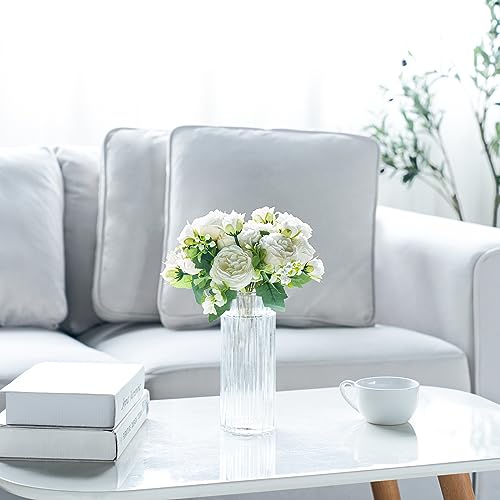 Mkono Peonies Artificial Flowers, Small Silk Flowers for Home Decor Indoor Fake Bouquet Faux Floral Arrangements Dining Table Centerpieces for Kitchen Party Decor White - color: White